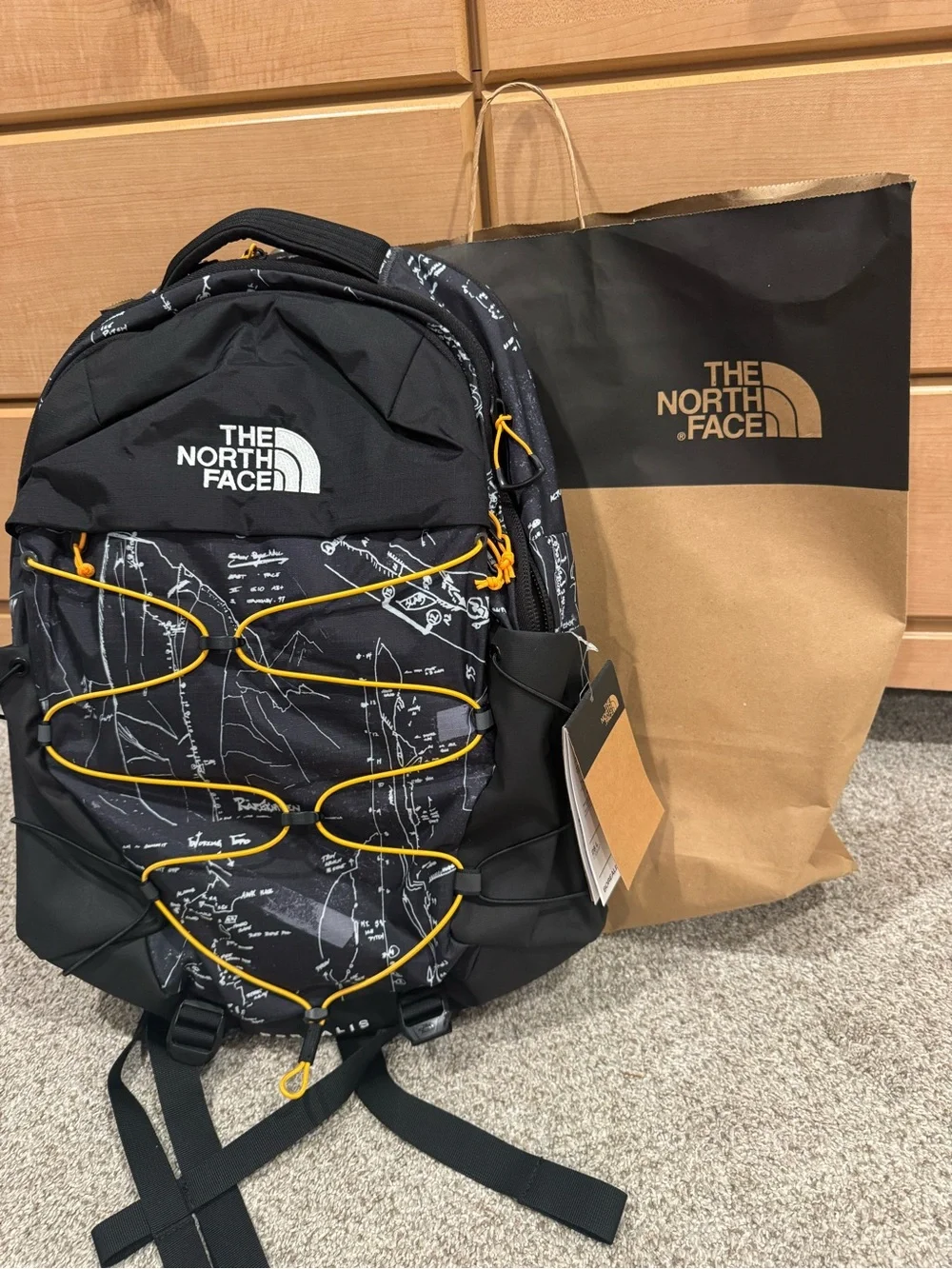 The North Face Borealis Black Backpack with Yellow Bungee in Anthracite Grey